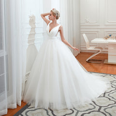 Long A-Line Tulle Wide Straps Deep V-neck Floor Length Wedding Dress