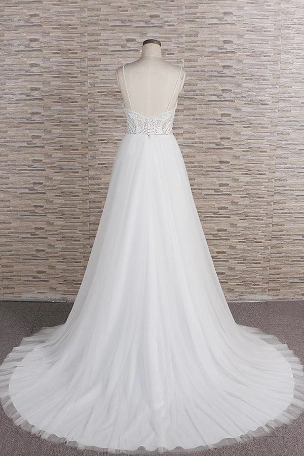 Chic Long A-line Spaghetti Strap Appliques Tulle Wedding Dress