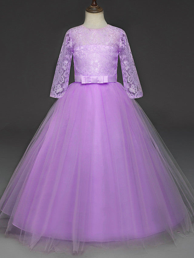 Long Ball Gown Tulle Lace Jewel Neck Flower Girl Dresses with Half Sleeve