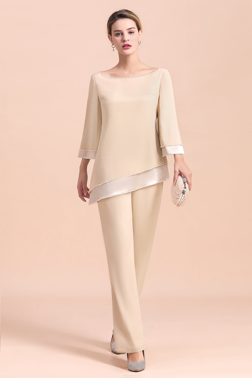 Chic Champagne Chiffon Long Sleeve Mother of Bride Jumpsuit