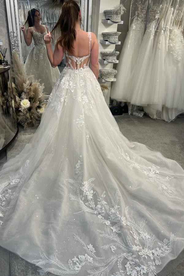 A-Line Backless Tulle Appliques Lace Long Wedding Dress with Sequins