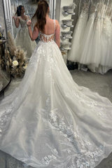 A-Line Backless Tulle Appliques Lace Long Wedding Dress with Sequins