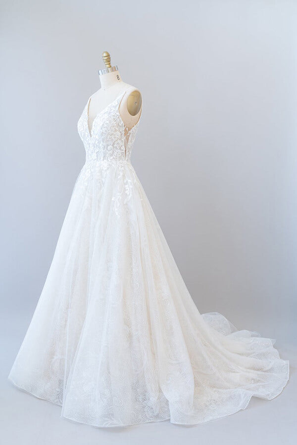 Long V-neck Open Back Appliques Lace Tulle A-line Wedding Dress