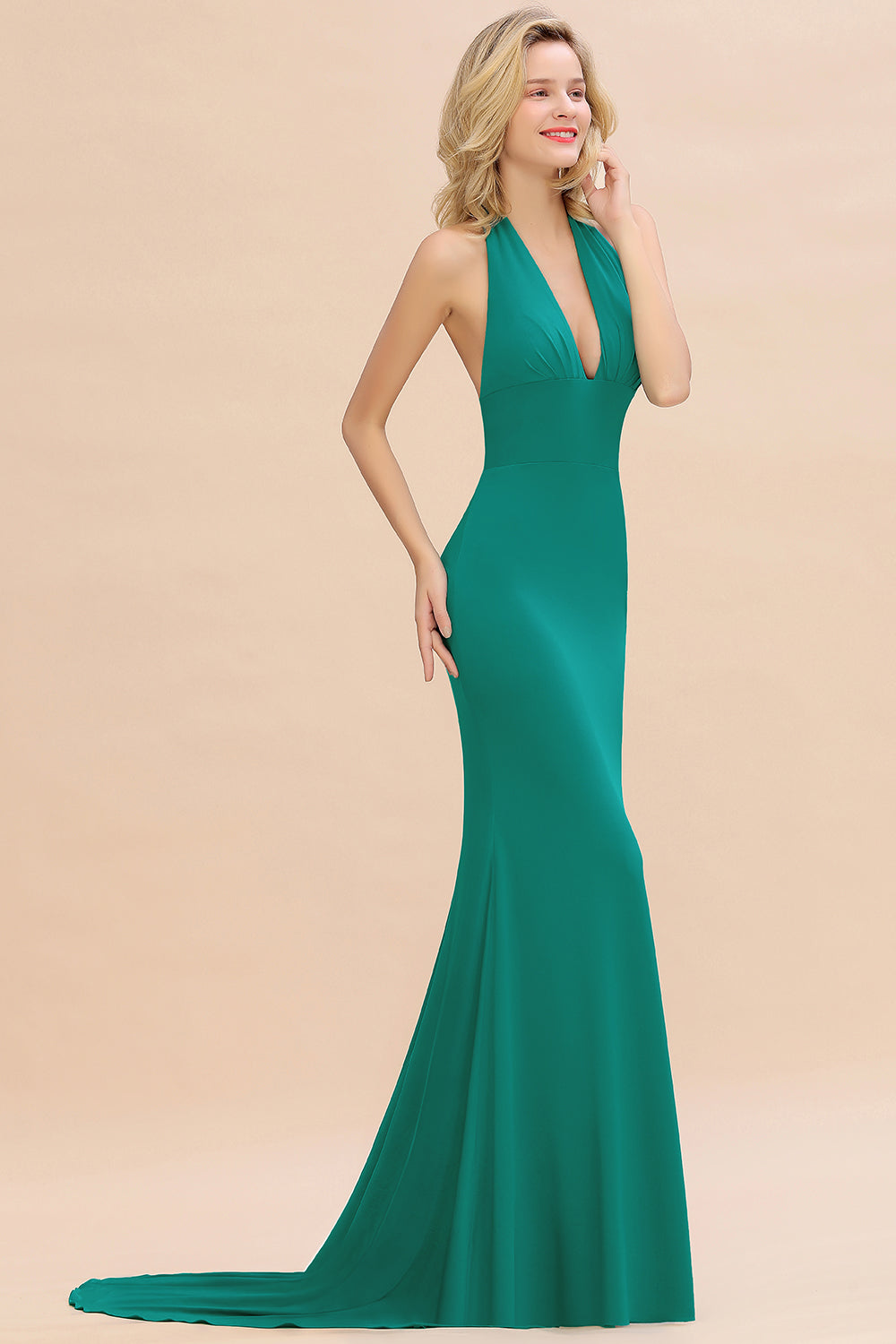 Elegant Long Mermaid Halter Pool V-neck Bridesmaid Dress