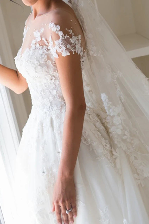 Gorgeous Long A-line Tulle Jewel Beading Appliques Lace Wedding Dresses