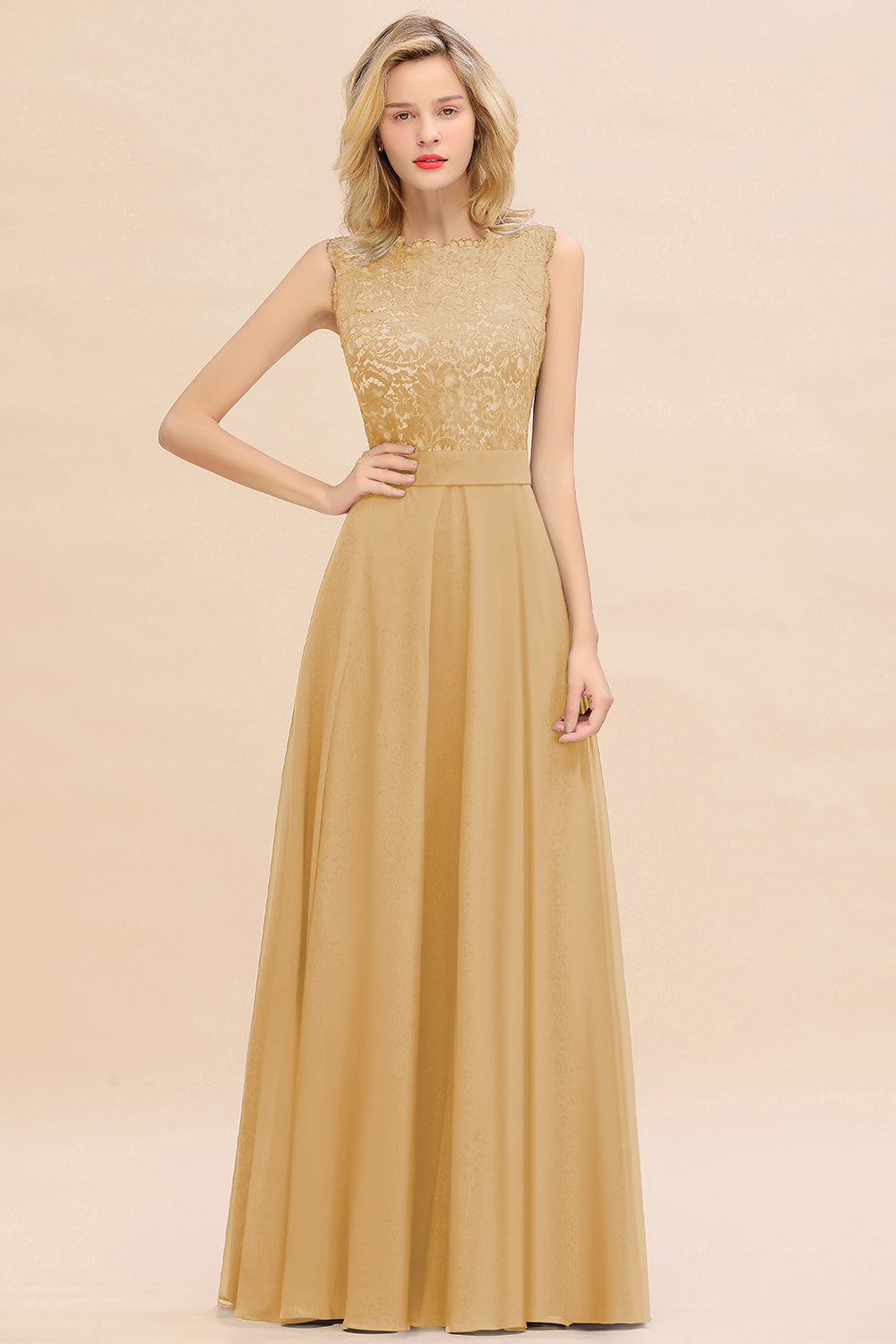 Long A-line Chiffon Lace Sleeveless Bridesmaid Dresses