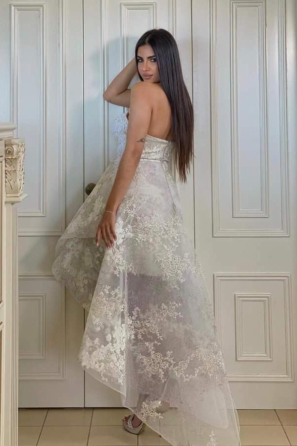 Elegant High Low A-line Sweetheart Lace Backless Short Wedding Dresses