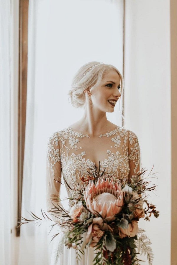 Vintage A-Line Bateau Long Sleeve Appliques Lace Open Back Chiffon Wedding Dress