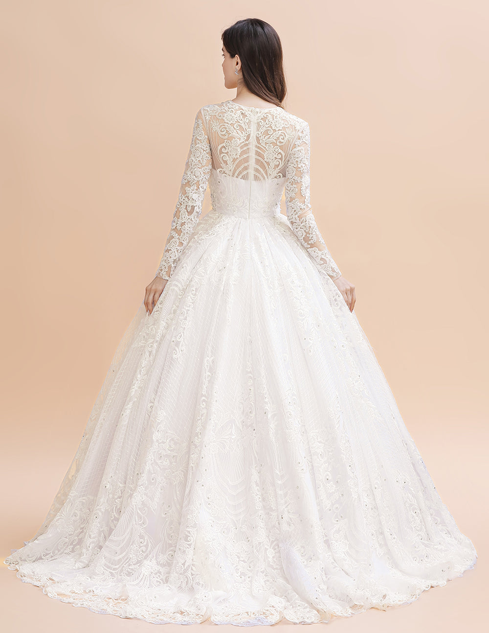 Long Sleeves A-line Lace Beads Tulle Wedding Dress