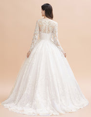 Long Sleeves A-line Lace Beads Tulle Wedding Dress