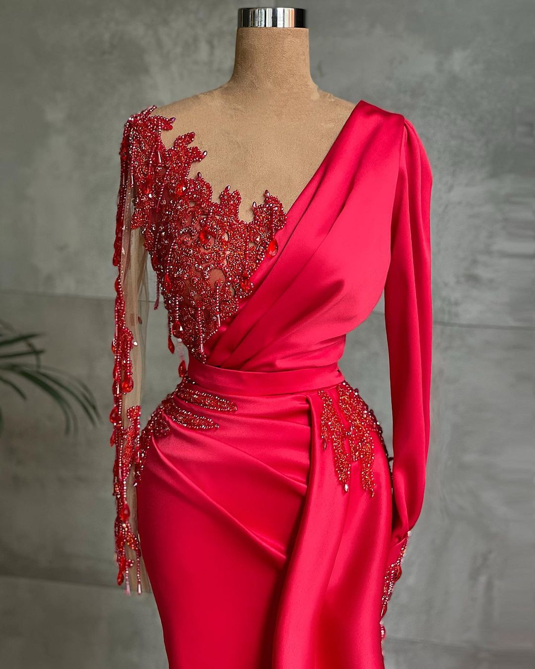 Red Long Mermaid Satin Beading Formal Dress with Sleeves