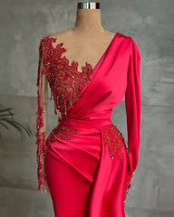 Red Long Mermaid Satin Beading Formal Dress with Sleeves