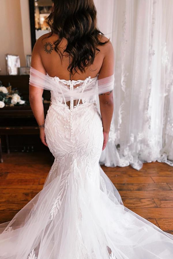 Mermaid Off the Shoulder Sweetheart Tulle Lace Long Wedding Dress with Appliques