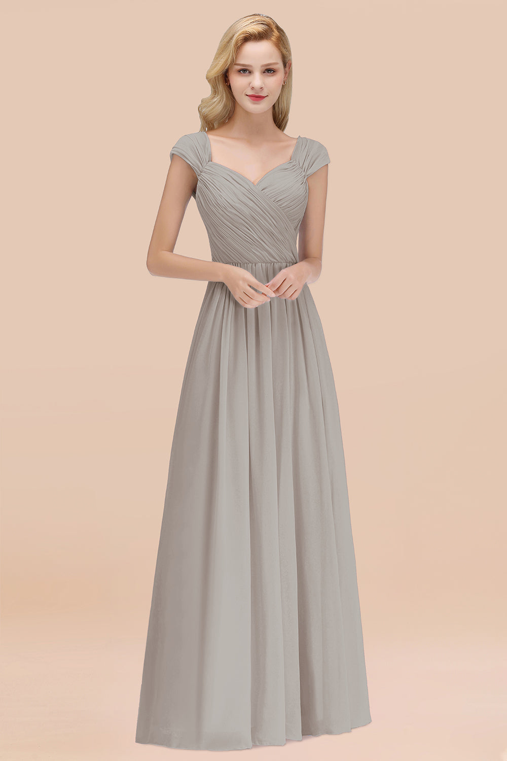 A-Line Chiffon Straps Sweetheart Sleeveless Floor Length Bridesmaid Dress with Ruffles