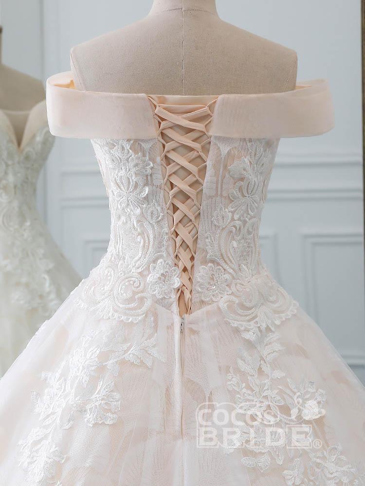 Luxury Long Off the Shoulder Lace-Up Ball Gown Wedding Dresses