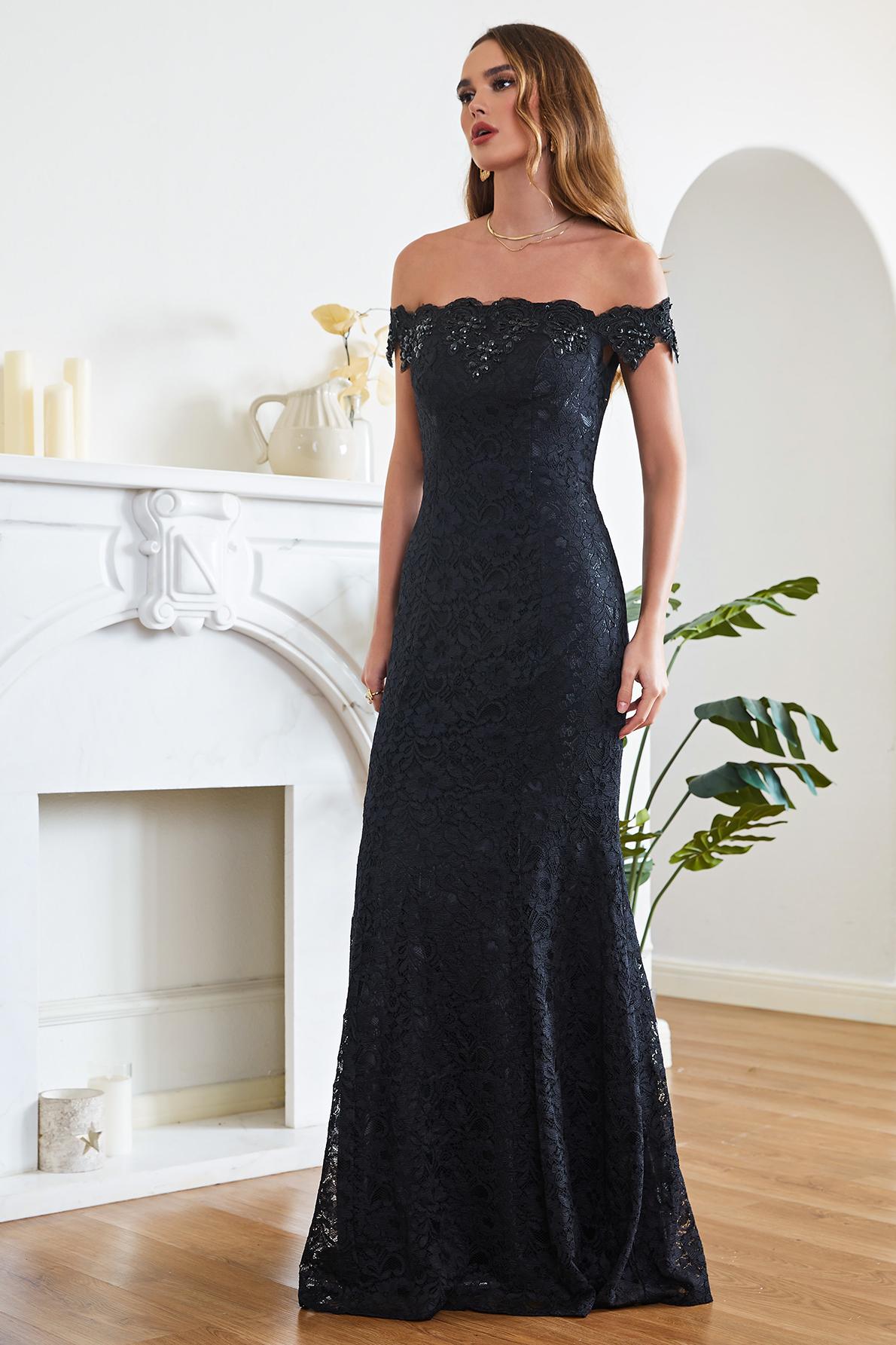 Long Off The Shoulder Floral Lace Mermaid Floor Length Formal Evening Dress