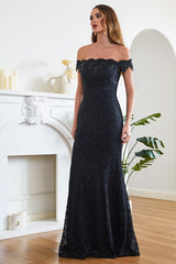 Long Off The Shoulder Floral Lace Mermaid Floor Length Formal Evening Dress