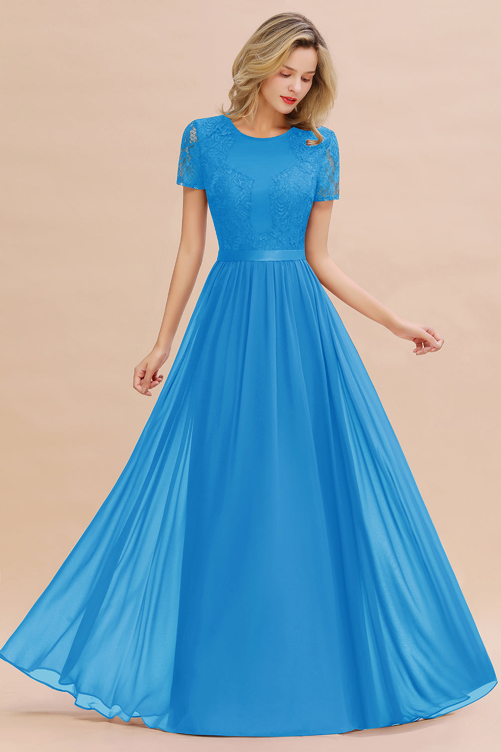 Chiffon Lace Scoop Short Sleeve Bridesmaid Dress