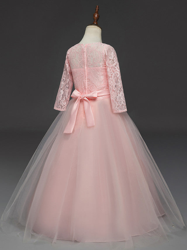 Long Ball Gown Tulle Lace Jewel Neck Flower Girl Dresses with Half Sleeve