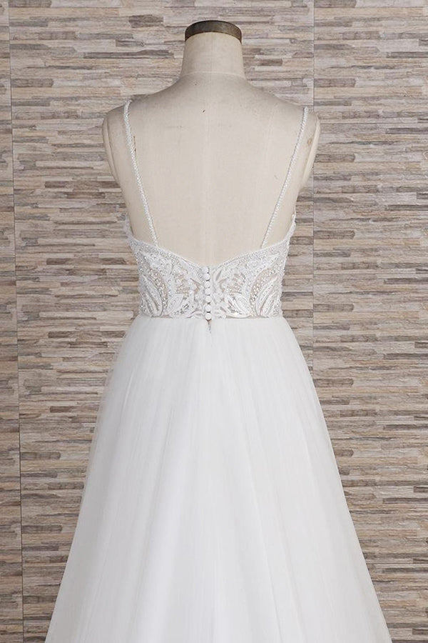 Chic Long A-line Spaghetti Strap Appliques Tulle Wedding Dress