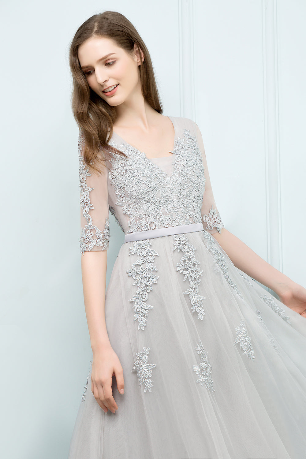 Long V-neck Tulle Lace A-line Evening Dress with Sleeves