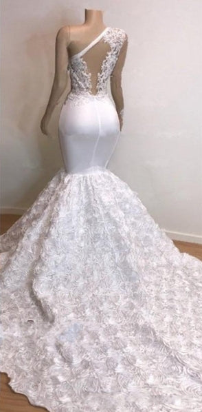 Long One Shoulder Lace Appliques Meramid Prom Dresses with Sleeves