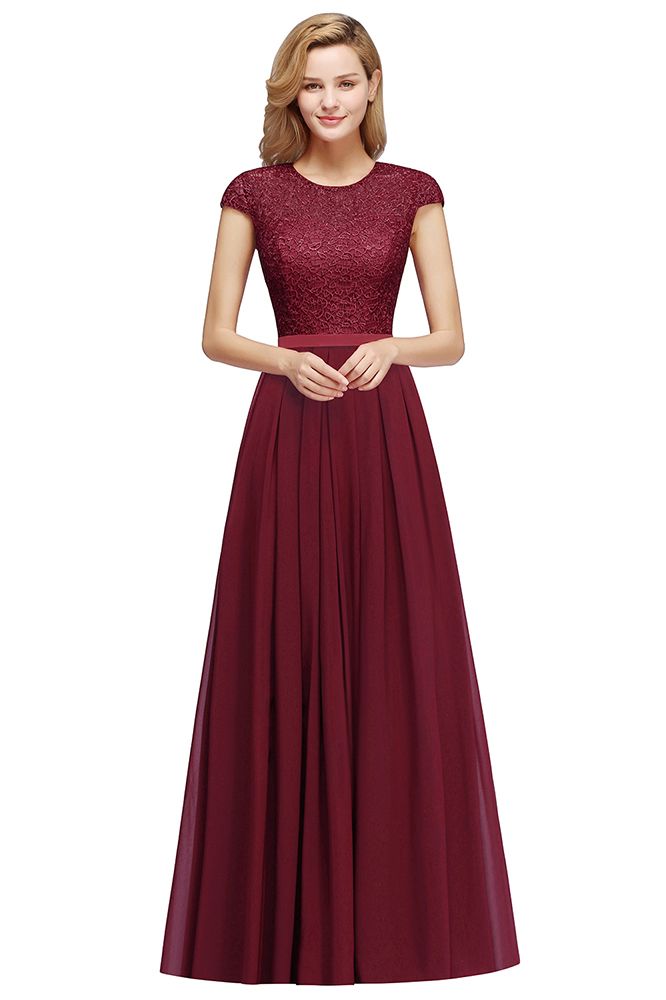 Burgundy Long A-line Chiffon Lace Bridesmaid Dresses