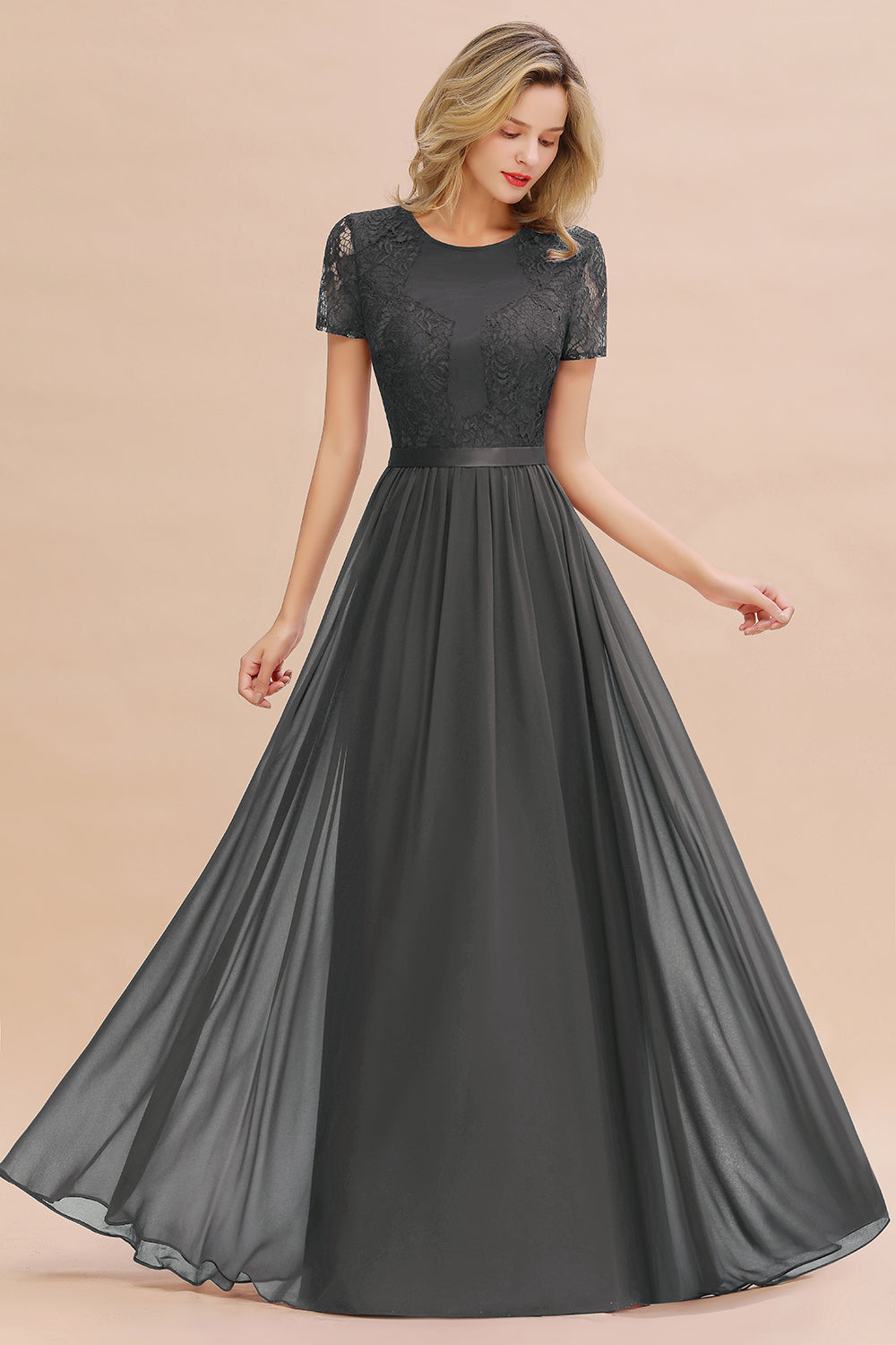 Chiffon Lace Scoop Short Sleeve Bridesmaid Dress