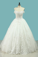 Beautiful Long Off the Shoulder Tulle Sequin Ball Gown Appliques Lace Wedding Dress
