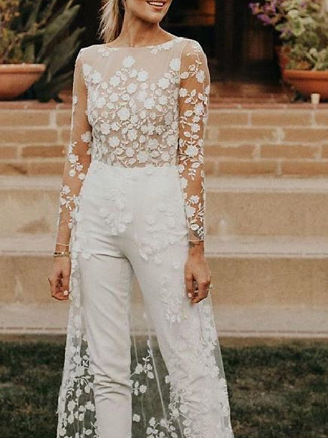 Long Sleeves Jewel Neck Jumpsuits A-Line Wedding Dresses