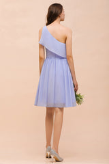 Short A-line One Shoulder Lavender Ruffle Chiffon Bridesmaid Dress