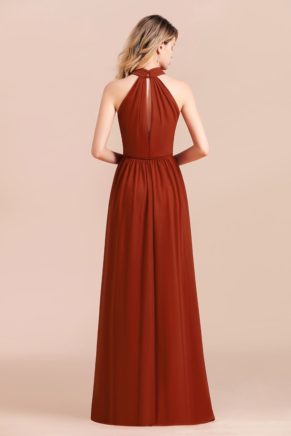 A-Line Halter Chiffon Floor Length Ruched Bridesmaid Dress With Side Slit