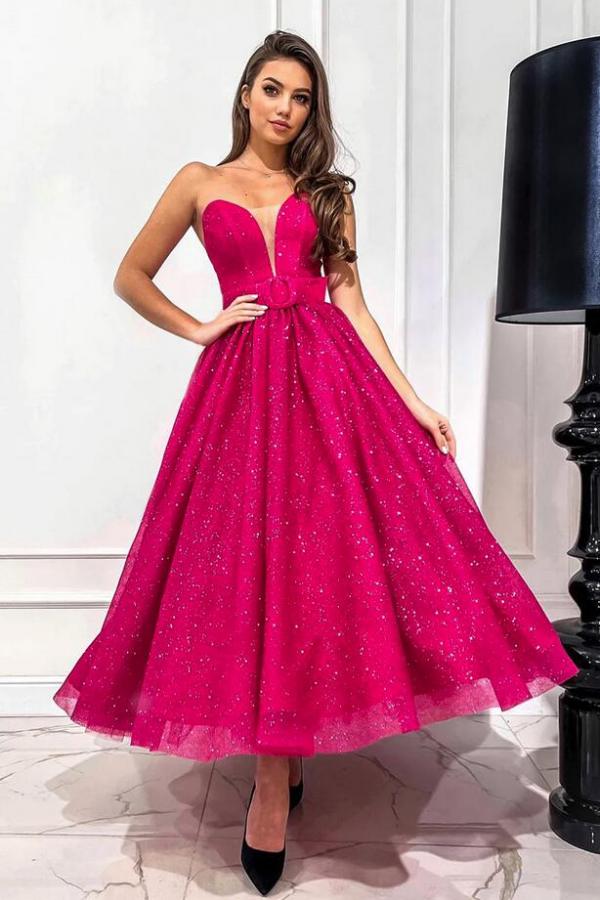 Strapless Open Back Long A Line Tulle Party Dress with Ruffles