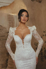 Long Sleeves Sweetheart Lace Mermaid Floor Length Wedding Dress