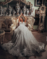 Gorgeous Long A-line V-neck 3D Floral Lace Wedding Dresses
