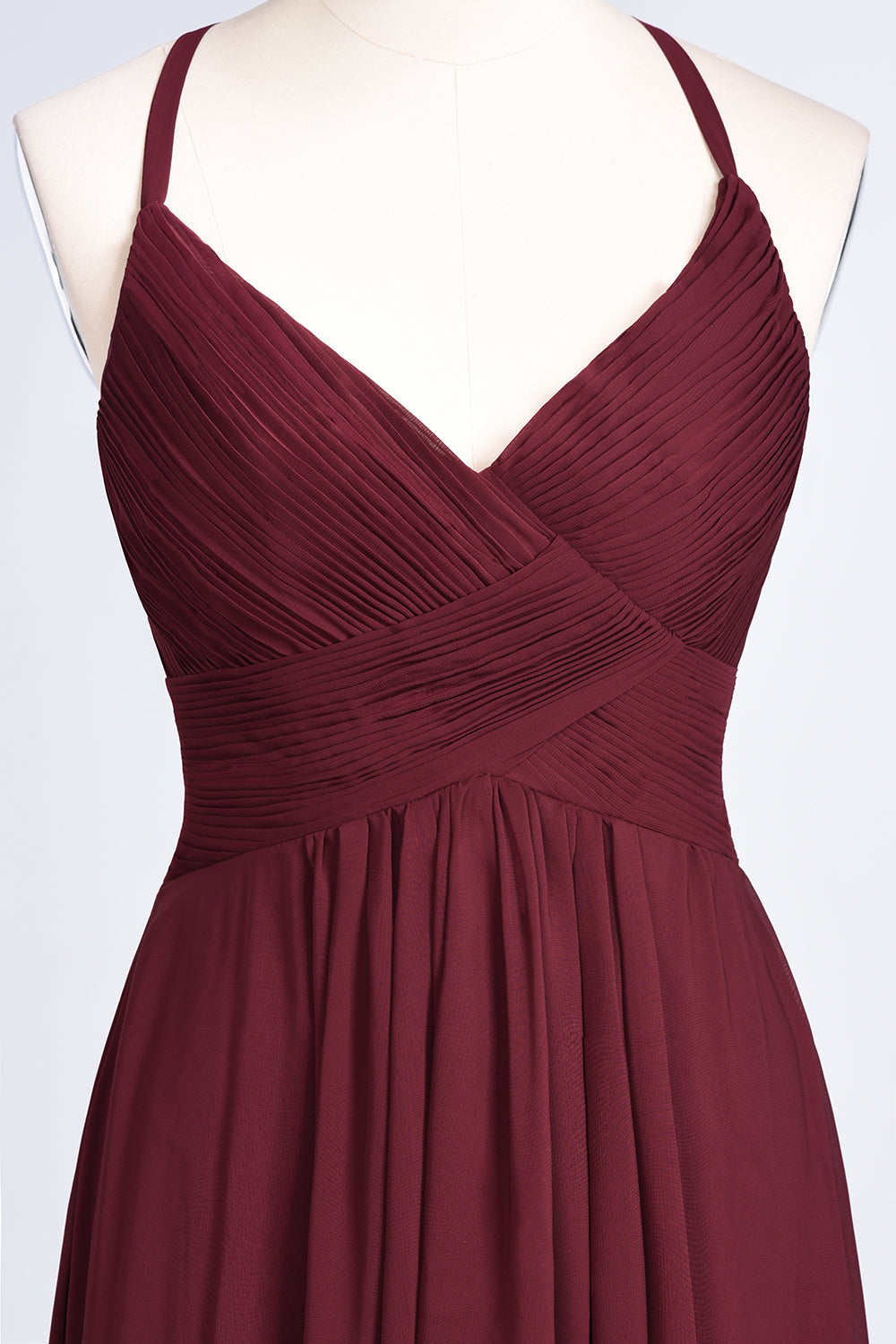 A-Line Chiffon Spaghetti Straps V-Neck Sleeveless Floor Length Bridesmaid Dress with Ruffles