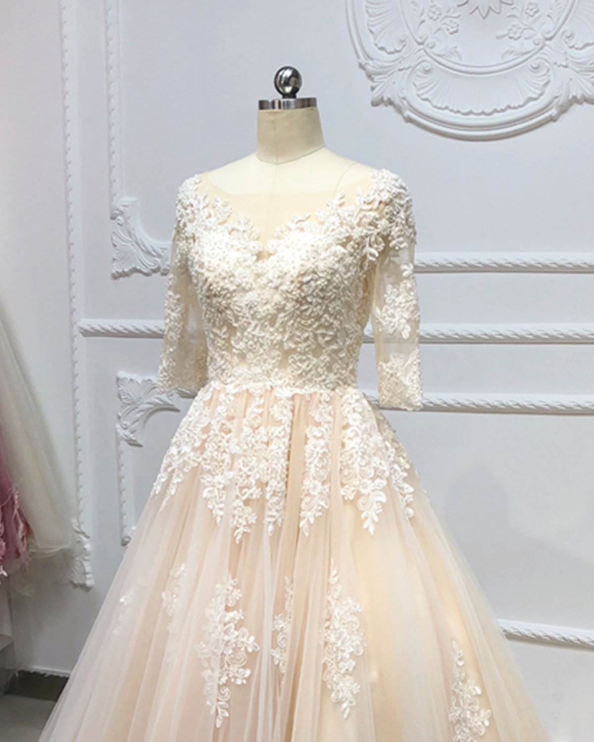 Champagne Tulle Lace Applique Half Sleeve Long A-line Wedding Dress