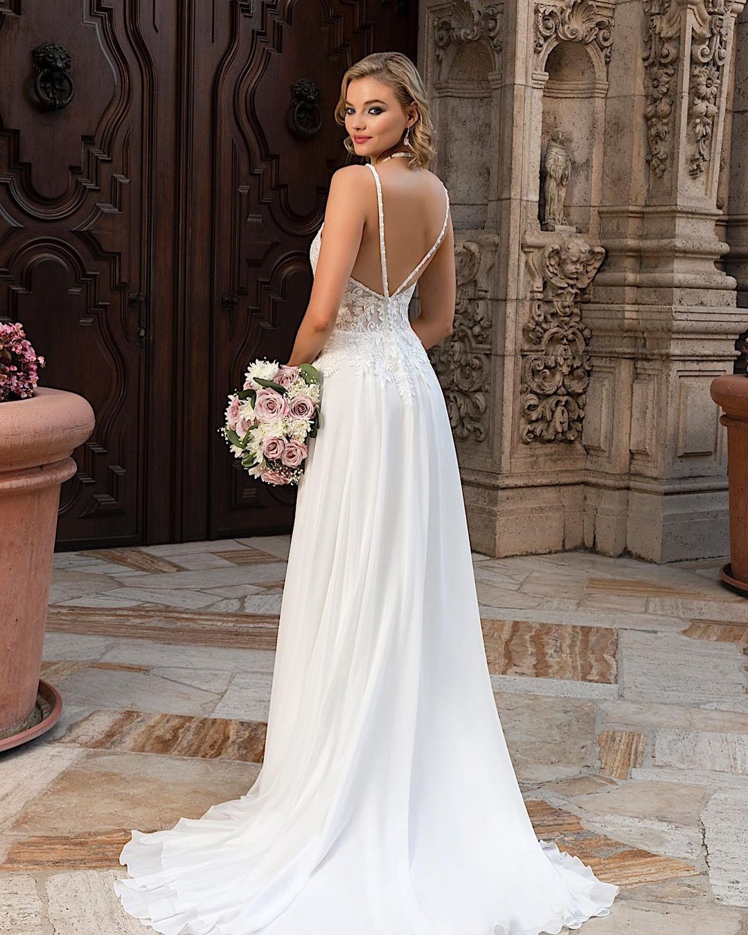 Simple Long A-line V-neck Chiffon Lace Wedding dress with Slit