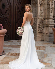 Simple Long A-line V-neck Chiffon Lace Wedding dress with Slit