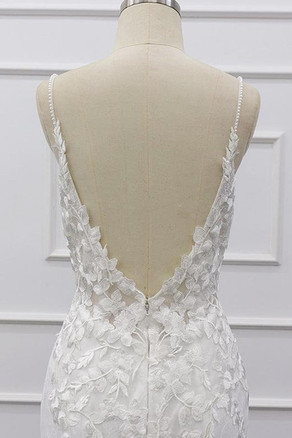 Long Sweetheart Spaghetti Strap Appliques Lace Mermaid Wedding Dress