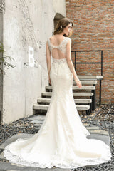 Long Mermaid V-neck Straps Lace Backless Floor Length Wedding Dresses