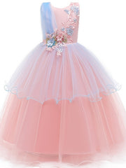 Long A-line Satin Sleeveless Jewel Neck Tulle Flower Girl Dresses For Wedding