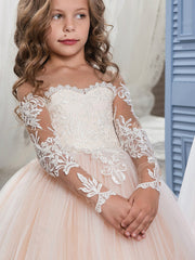 Long Ball Gown Tulle Lace Flower Girl Dresses with Sleeves
