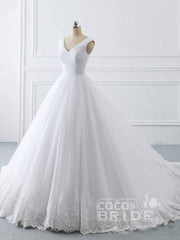 Simple Long V-Neck Lace-Up Ruffles Ball Gown Wedding Dresses