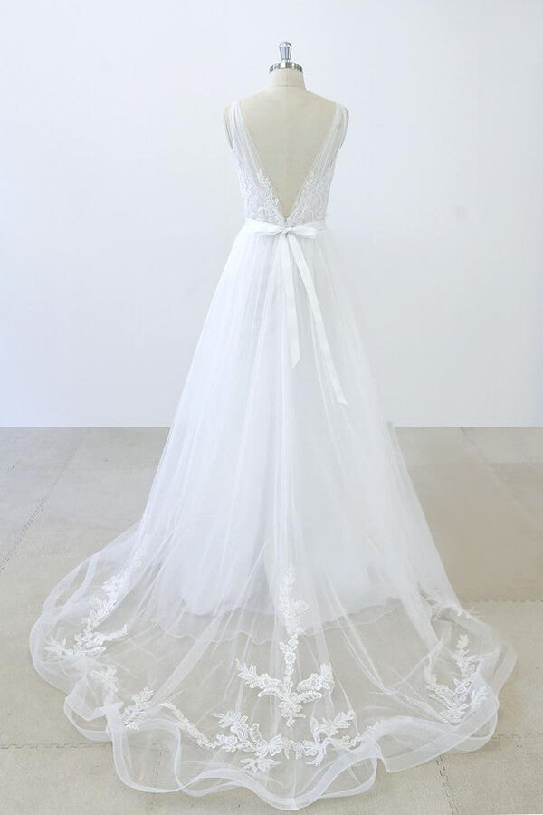 Long White V-neck Ruffle Applqiues Tulle A-line Wedding Dress