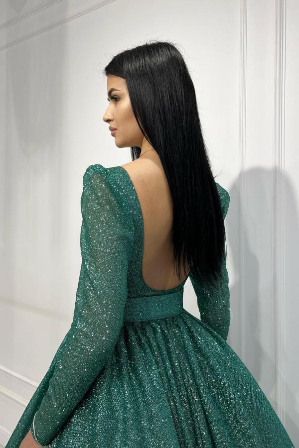 Long Sleeve Crew Neck A Line Tulle Sequin Party Dress