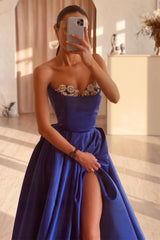 Long Strapless A-Line Sweetheart Satin Prom Dress with Split Front