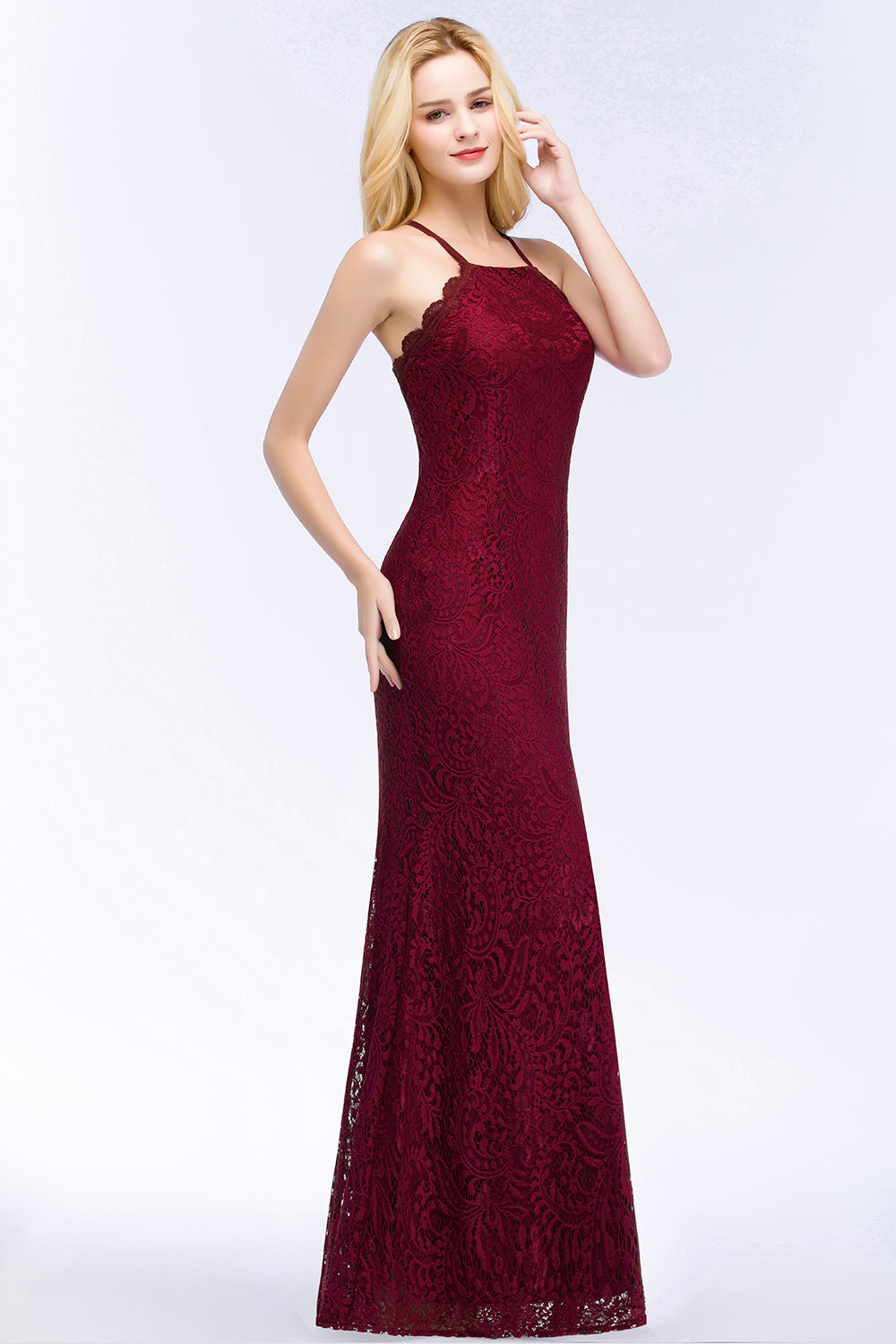 Mermaid Floor Length Halter Lace Burgundy Bridesmaid Dresses