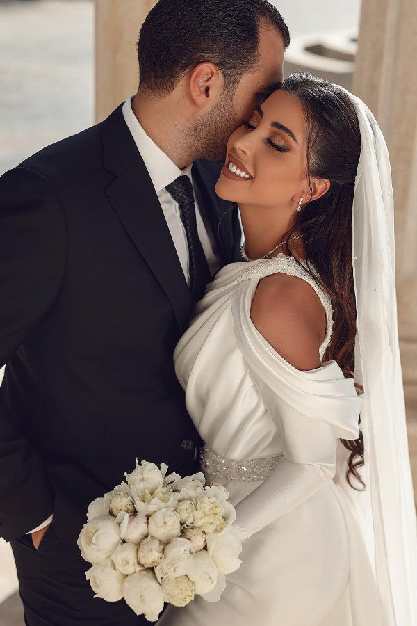 Gorgeous Long Sleeves One Shoulder Mermaid Satin Wedding Dresses