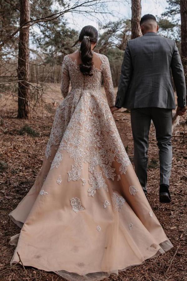 Charming Champagne Long A-line High Neck Tulle Lace Wedding Dresses with Sleeves